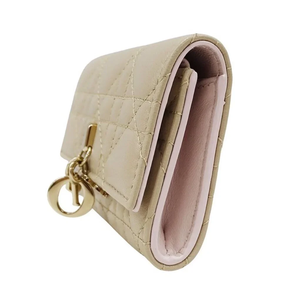 Dior Wallet Coin Case Cannage Leather Beige Small Compact Quilted